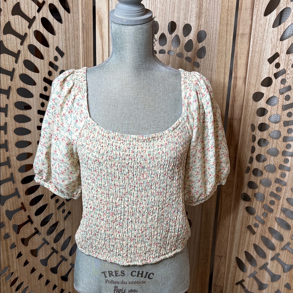 Sophie Rue Floral Puff Sleeve Blouse - Cream and Pink